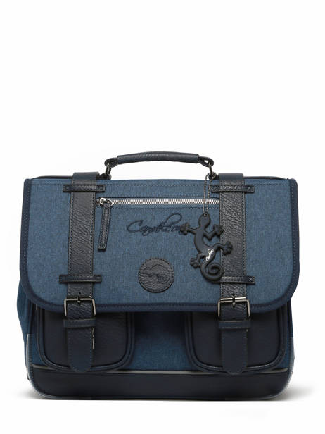 Boekentas 2 Compartimenten Cameleon Blauw vintage color Deze schooltas uit de Vintage collectie van het merk Caméléon heeft een breedte van 35 cm. Ideaal voor de kleuterklas en het eerste leerjaar. Dit model heeft een duidelijke vintage look, dankzij de twee voorvakjes en de riempjes met gesp. Deze boekentas beschikt over twee compartimenten, die schriftjes (24x32 cm) en andere kleine spulletjes kunnen bevatten. Onder de overslagflap bevindt zich ook een uniek opbergvak, met daarin een gratis liniaal! De twee vakjes met rits vooraan zijn ideaal om een snack of zakdoek in op te bergen. Dit model beschikt ook over een naamlabel, en kan makkelijk gesloten worden dankzij een dubbel kliksysteem. Voor optimaal comfort zijn de rugzijde en schouderbandjes extra gewatteerd. Dankzij enkele reflectoren kan uw kind zich ook veilig in het verkeer begeven. Vintage op z'n mooist! ander zicht 6